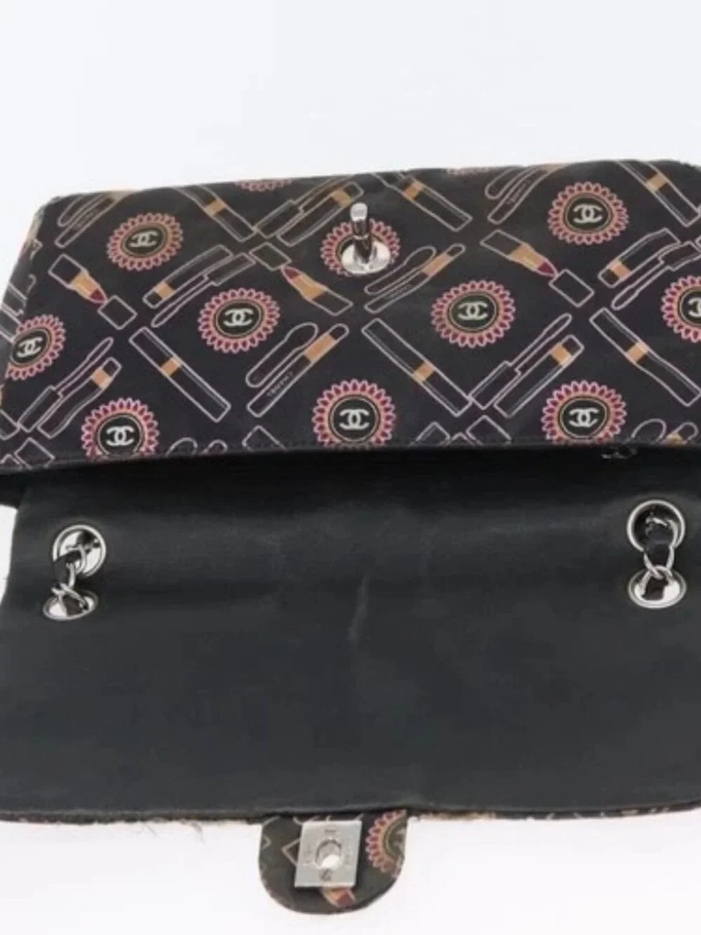 CHANEL Chain Shoulder Bag Satin Black Silver CC Auth ARZ448A